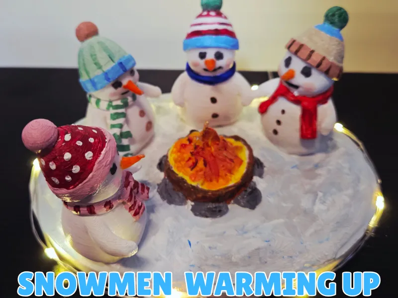 Snowmen warming up by a cozy fire
