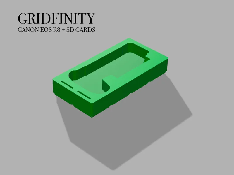 Gridfinity shadow box for CANON EOS R8 + SD cards