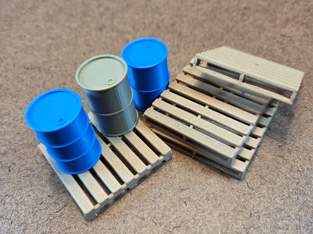Pallet and Drums 1:30 Scale - Free 3D Print Model - MakerWorld