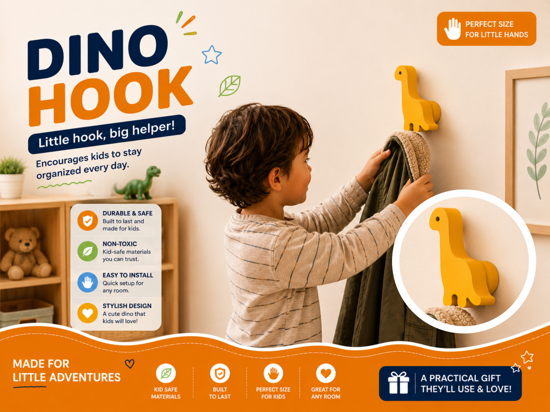 Perchero / Ganchos de pared infantil Dinosaurio