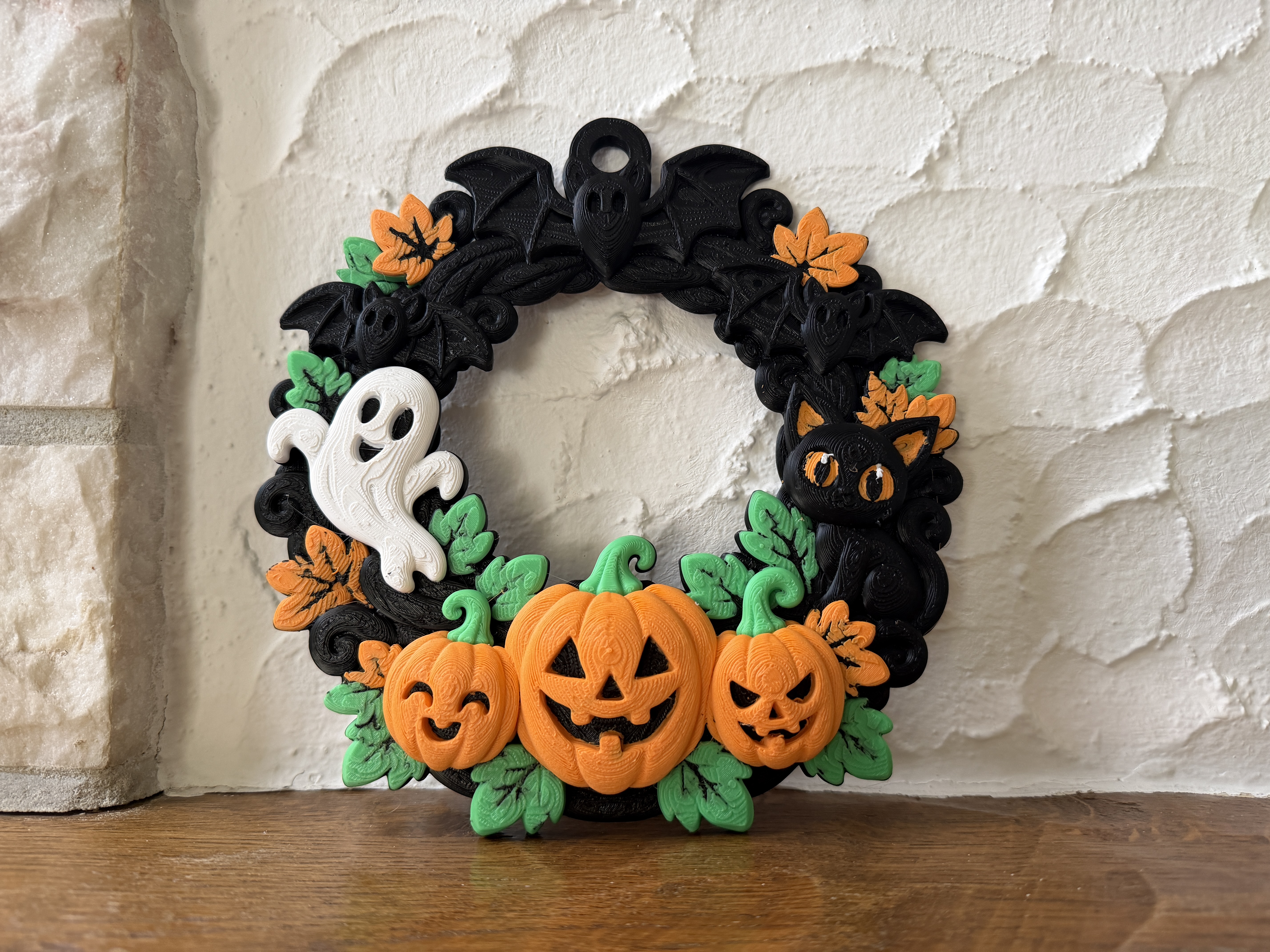 Halloween Wreath with Bats, Pumpkins, Ghost & Cat - 1