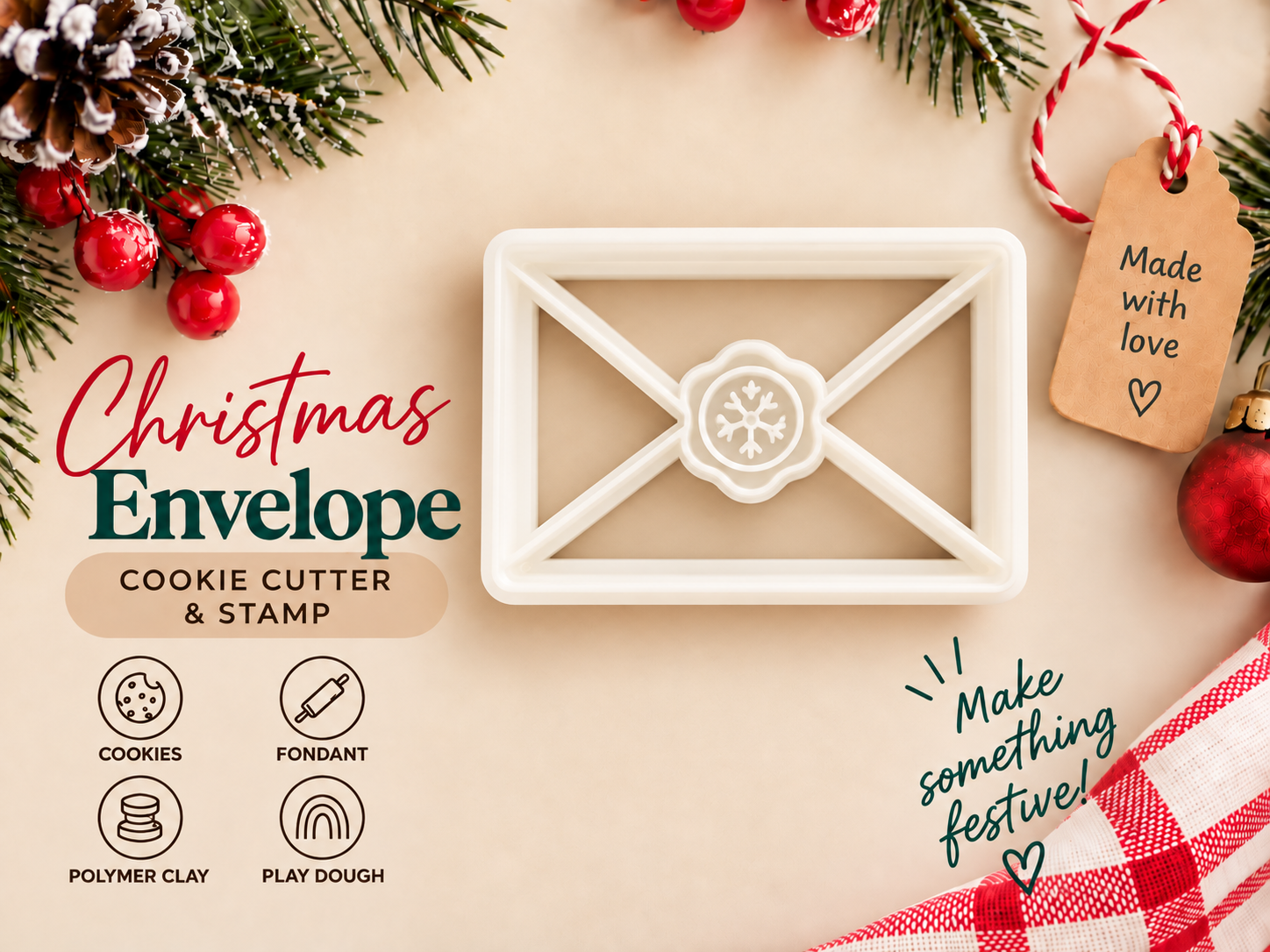 Christmas Envelope Cookie Cutter & Snowflake Stamp 3D model