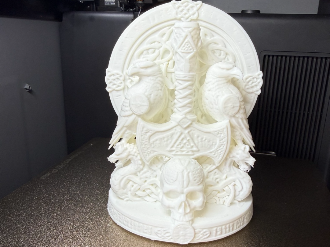 Viking Sculpture with Ravens, Mjolnir and Shield