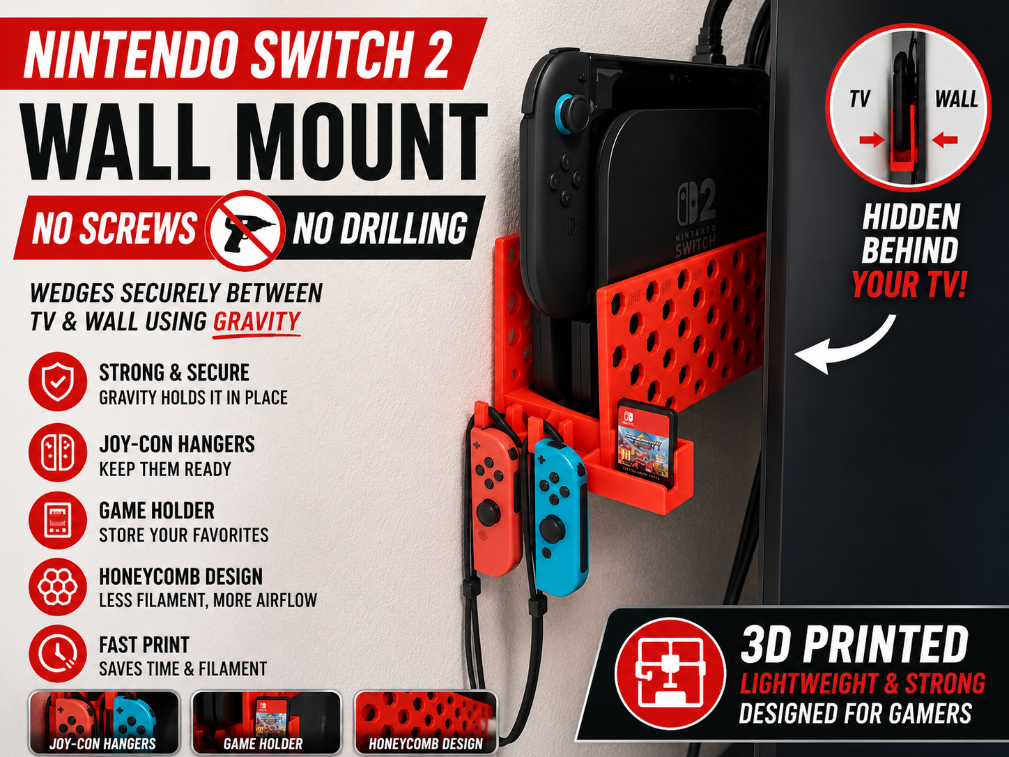 Nintendo Switch 2 TV Mount No Screws Gravity Wedge