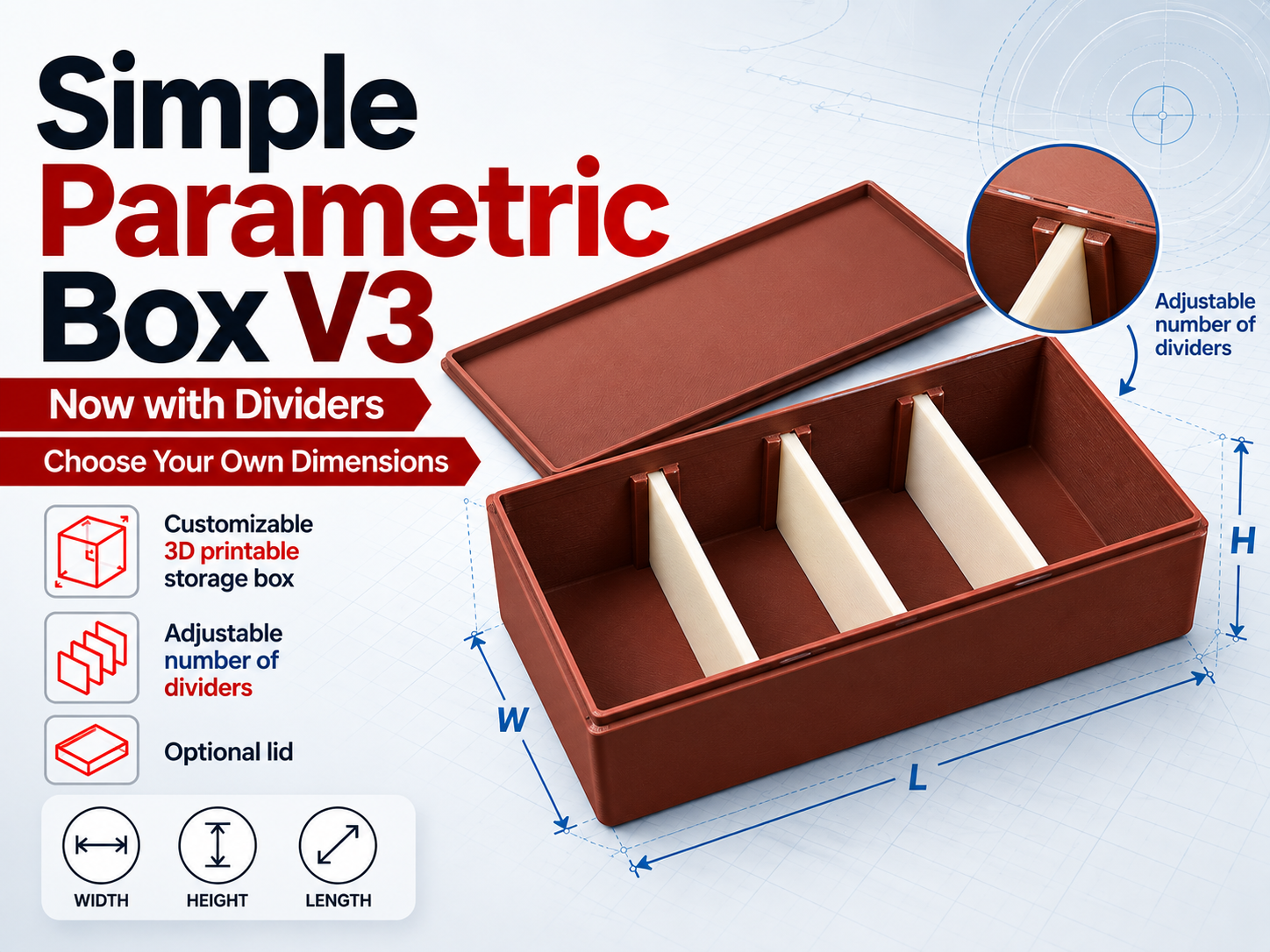 Parametric Storage Box V3 – Adjustable Dividers 3D model
