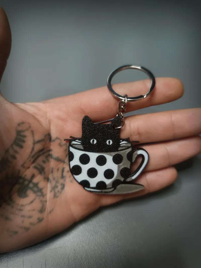 Cute Cat in the Cup Keychain