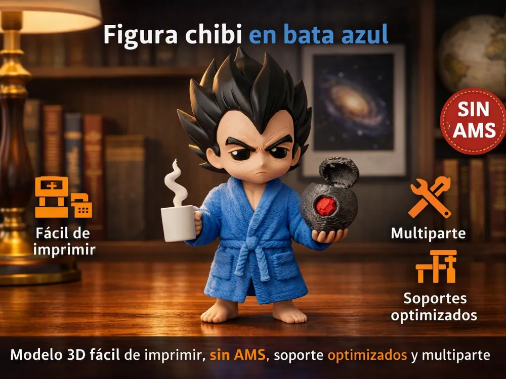 Accesorio para impresora 3D: VEGETA NECESITA UN CAFE, NO AMS ,MULTIPARTE. Referencia del modelo original.