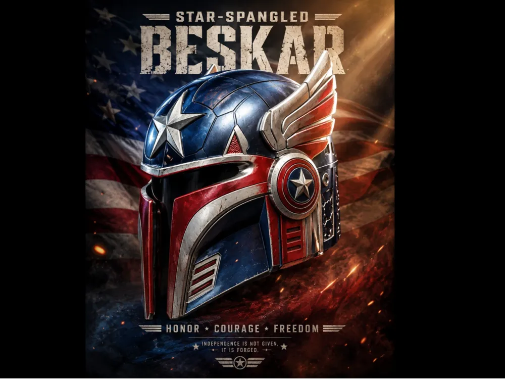 Pieza para disfraz o exhibición: Star-Spangled Beskar Helmet. Referencia del modelo original.