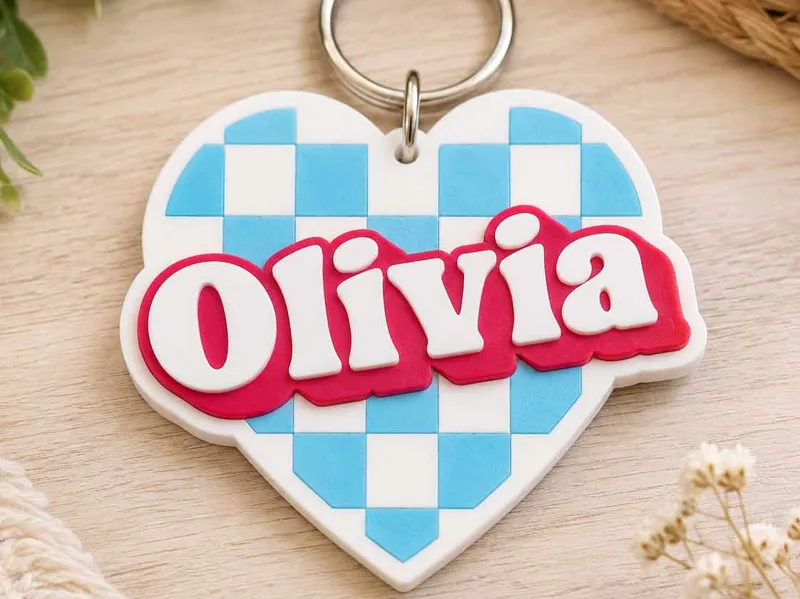 Retro Heart Checkered Name Tag - Olivia
