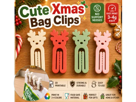 Clip o pieza de sujeción: Xmas Christmas Reindeer Cute Bag Clips Paper Clip — referencia de MakerWorld