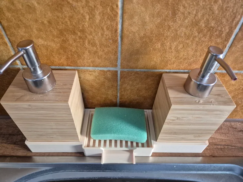 Stand for ikea soap dispenser, dishwashing sponge.
