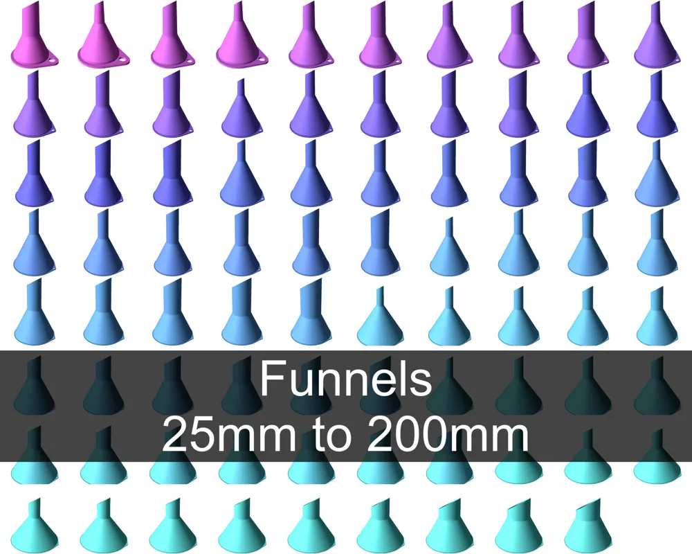Funnels. Various sizes 25mm to 200mm - Free 3D Print Model - MakerWorld