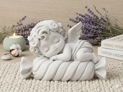 Cute Angel Figurine Laying on Candy Pillow