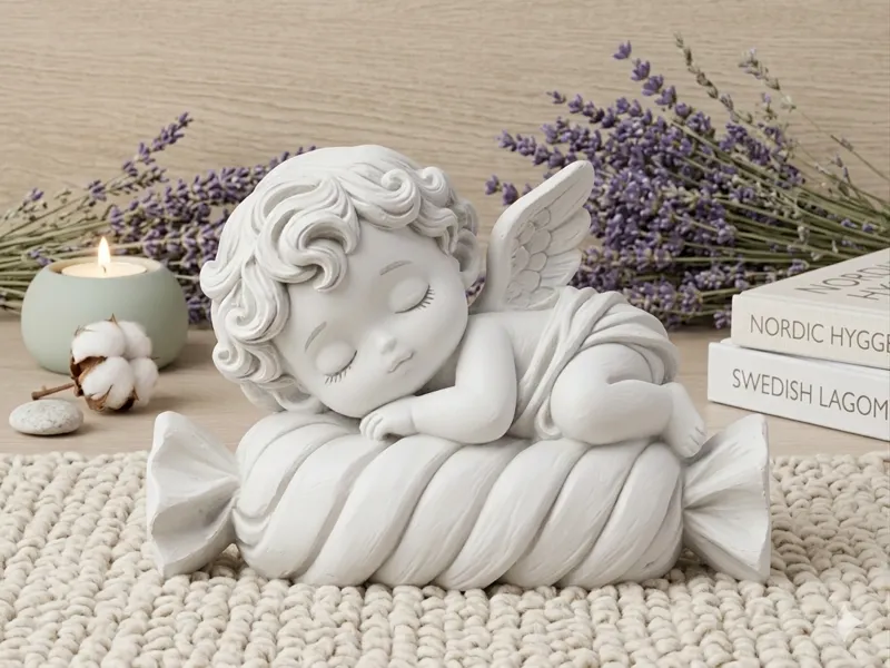 Cute Angel Figurine Laying on Candy Pillow