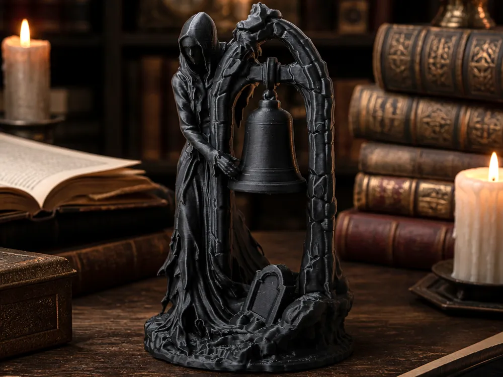 Figura decorativa: Grim Reaper Bell Sculpture – Gothic Art. Referencia del modelo original.
