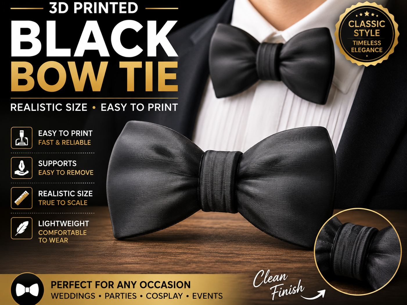 Classic Black Bow Tie|  3D Printed Accessory