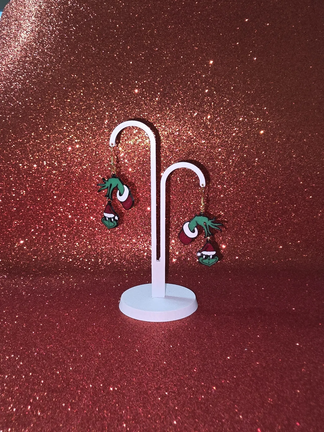 Hanging Grinch face v2 earrings view 3
