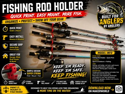 QuickPrint Fishing Rod Holder Wall Mount Rod Rack