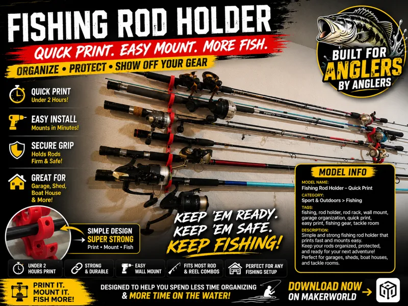 QuickPrint Fishing Rod Holder Wall Mount Rod Rack