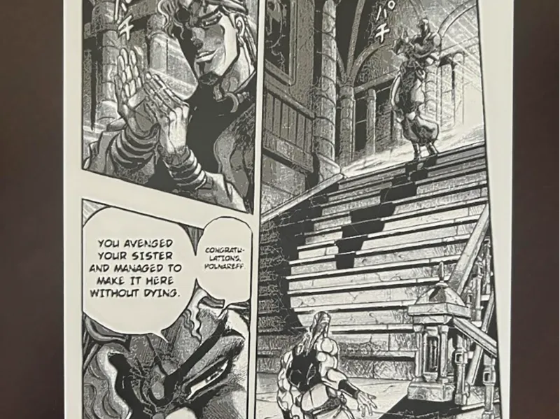 Dio on top of staircase talking to Polnareff