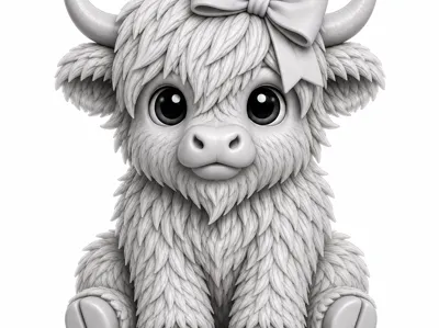 Wooly Farm Cow Sitting with Bow