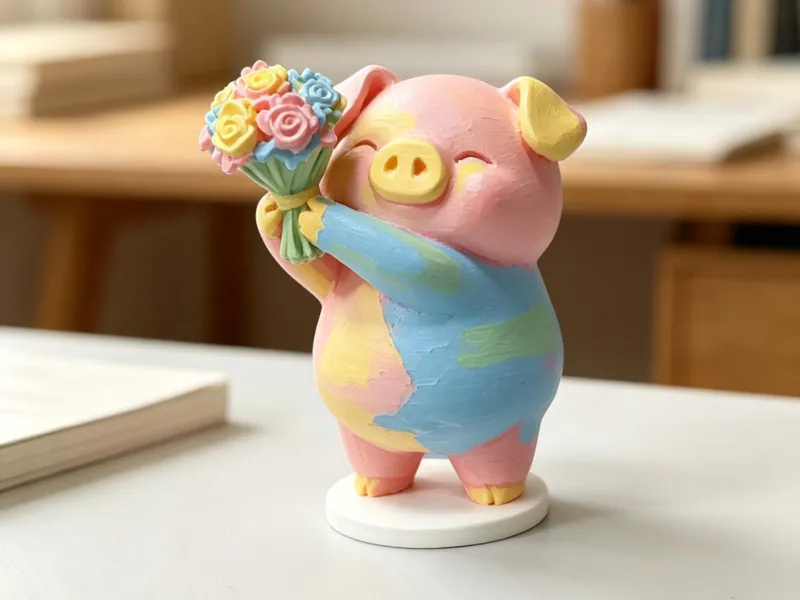可爱抱花小猪摆件