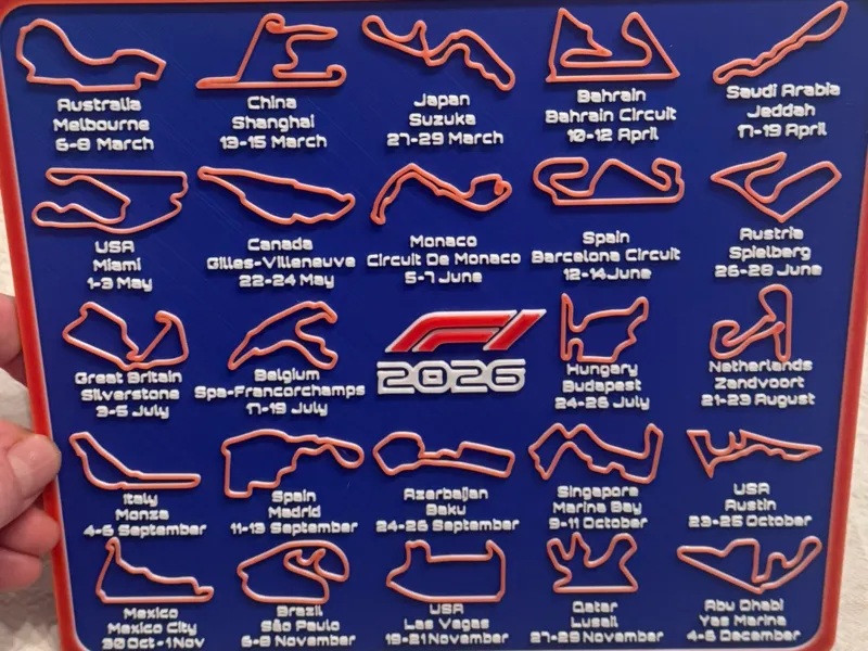 F1 calender 2026 with date and option to hang