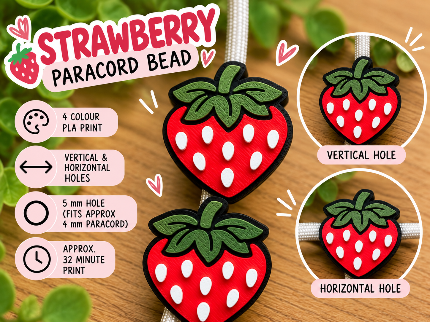Strawberry ParacordBead Vertical & Horizontal Hole - 1