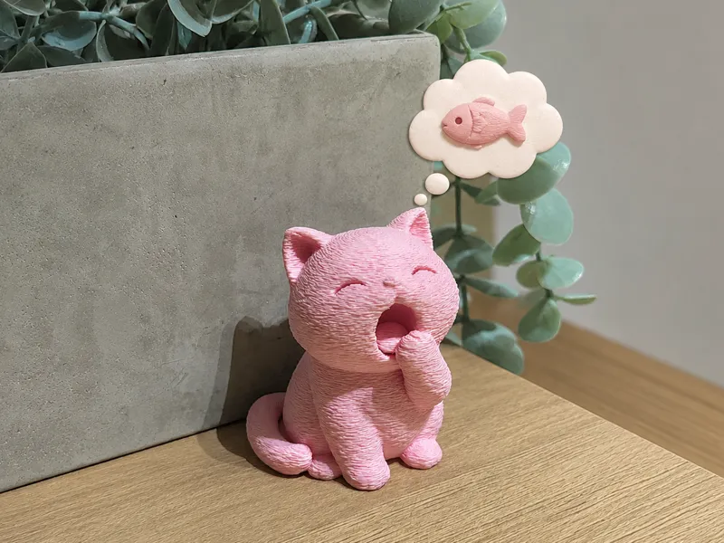 Fuzzy Hungry Cat - chibi yawning figurine