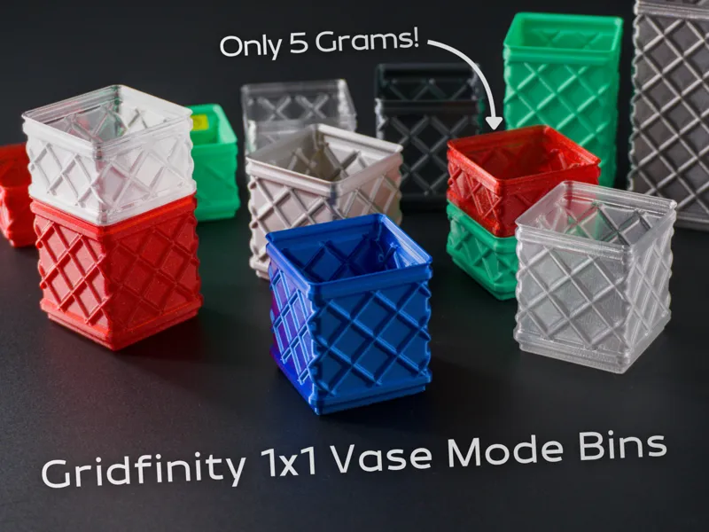 Gridfinity 1x1 Vase Mode Bins with Label Option