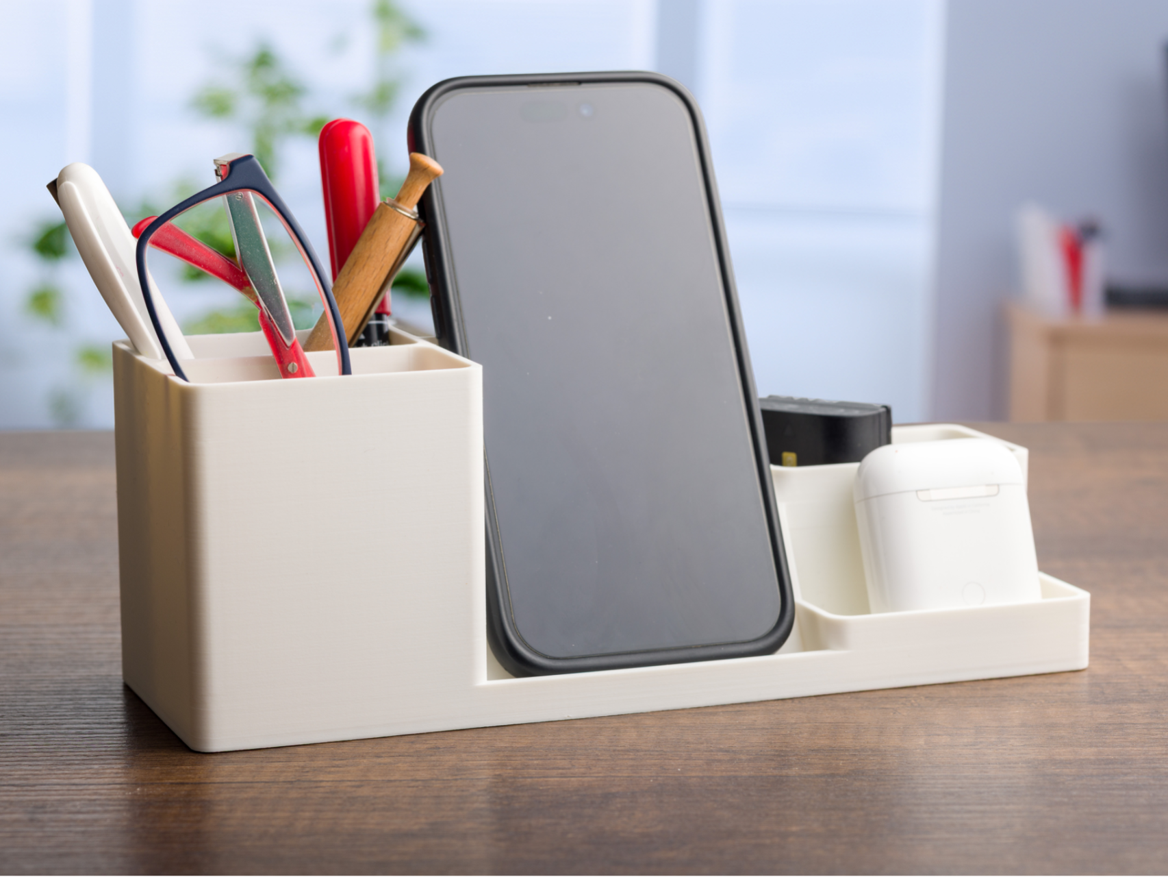 Table organizer with phone stand.