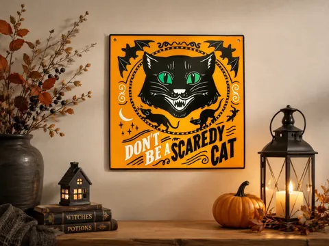 Letrero o emblema decorativo: "Don't Be A Scaredy Cat" Halloween Sign — referencia de MakerWorld