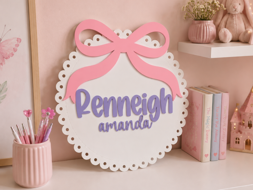Custom Personalised Scalloped Bow Name Plaque