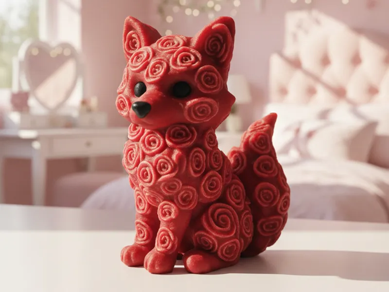 Red Rose-Patterned Fox Figurine