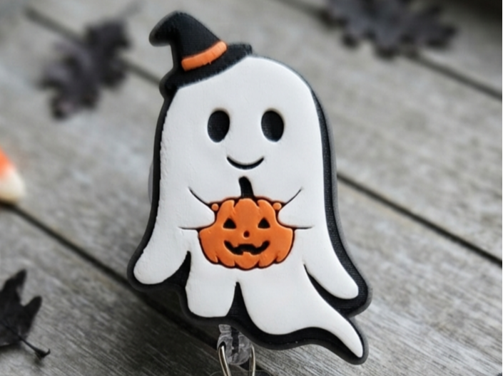 Cute Ghost with Pumpkin Badge Reel Face