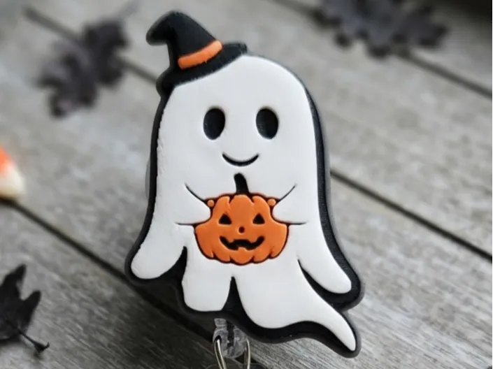 Cute Ghost with Pumpkin Badge Reel Face