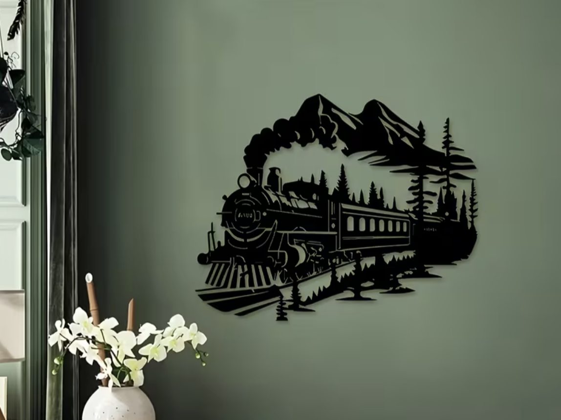 Train and mountains wall art 2D silhouette