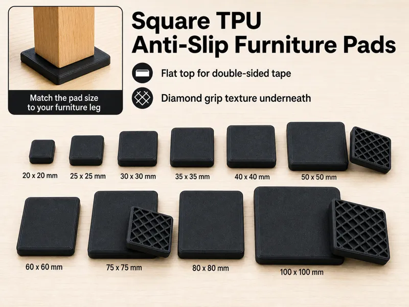 Square TPU Anti-Slip Furniture Pads 20–100 mm Set