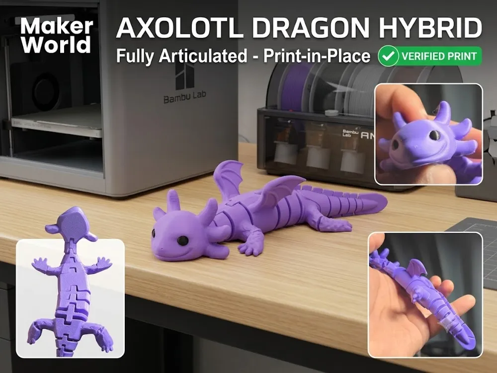 Adorno temático: Articulated Axolotl Dragon (Print-in-Place!). Referencia del modelo original.