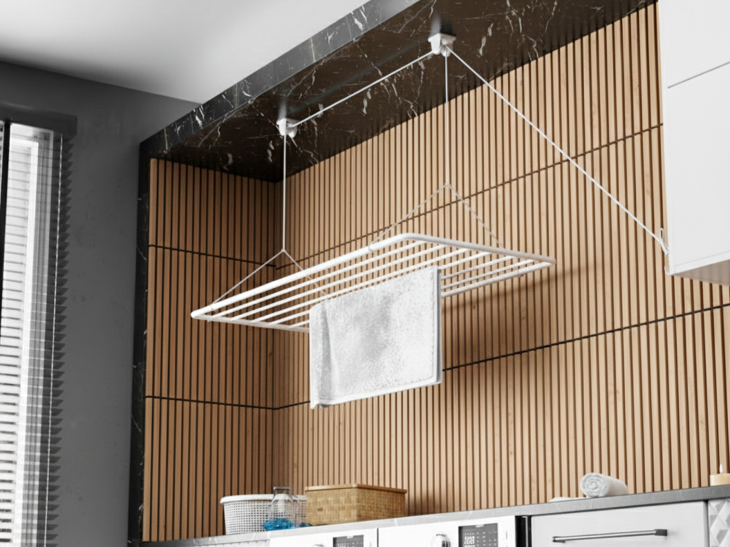 Ceiling-Mounted Laundry Rack with Pulley System