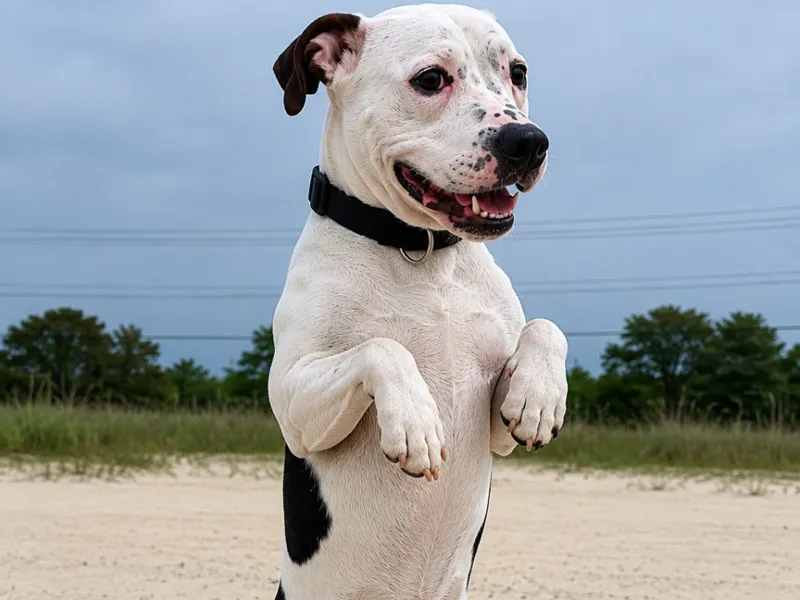 Perro Pitbull blanco con manchas