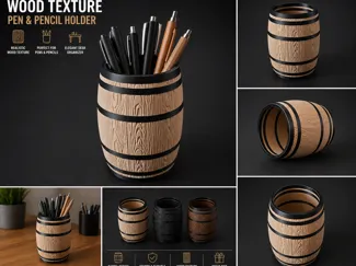 Realistic Wooden Barrel – Textured Pen Holder