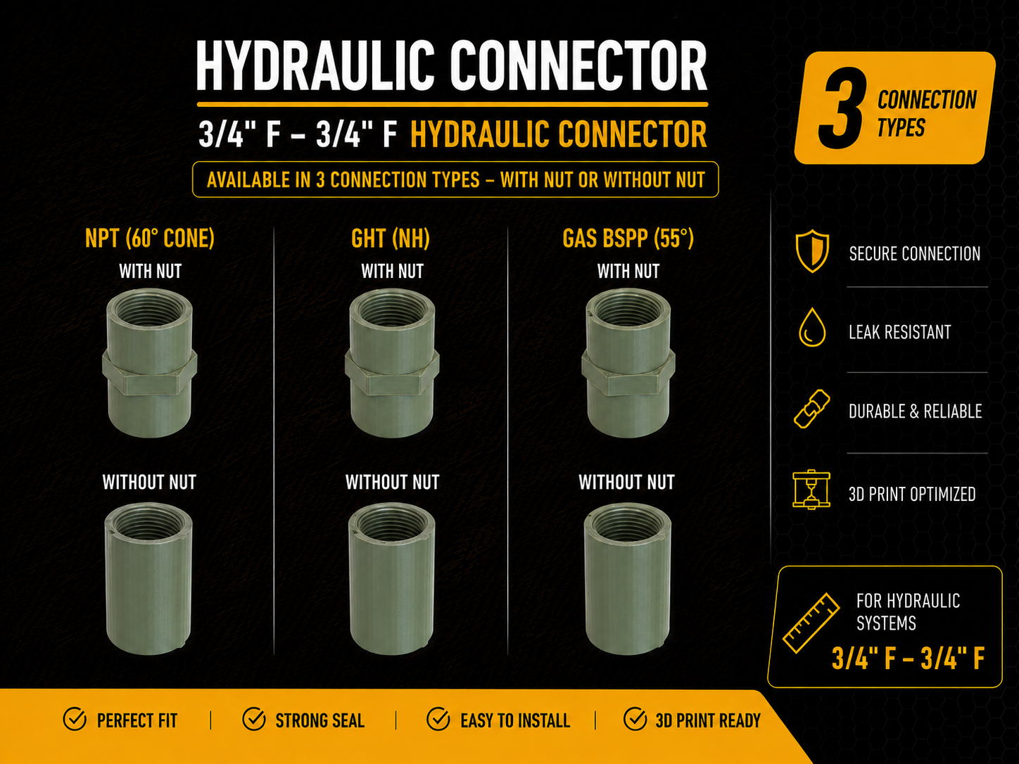 3/4" F-F Adapter | NPT GHT BSPP Versions
