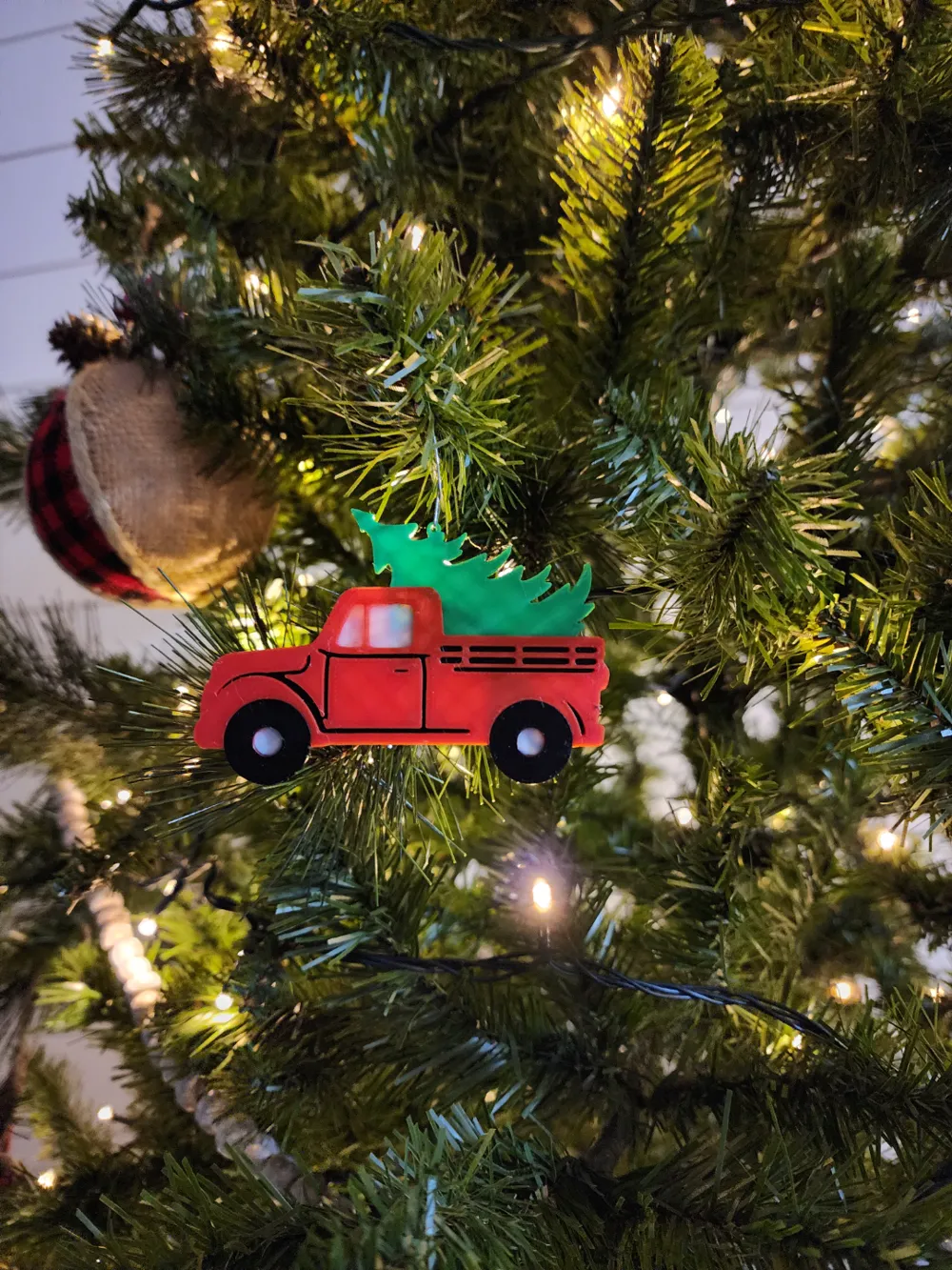 Little Red Truck Haulin' A Christmas Tree Ornament by V3T3D Designs