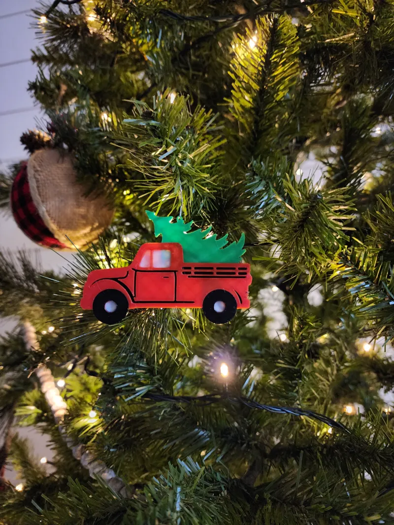 Little Red Truck Haulin' A Christmas Tree Ornament