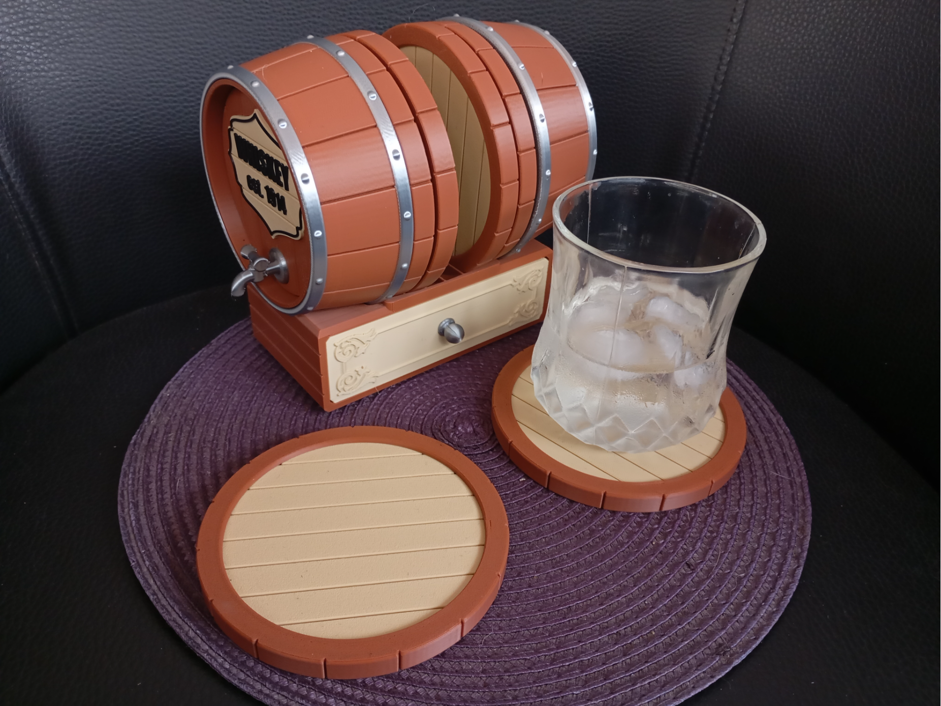 whiskey barrel coasters set with drawer storage