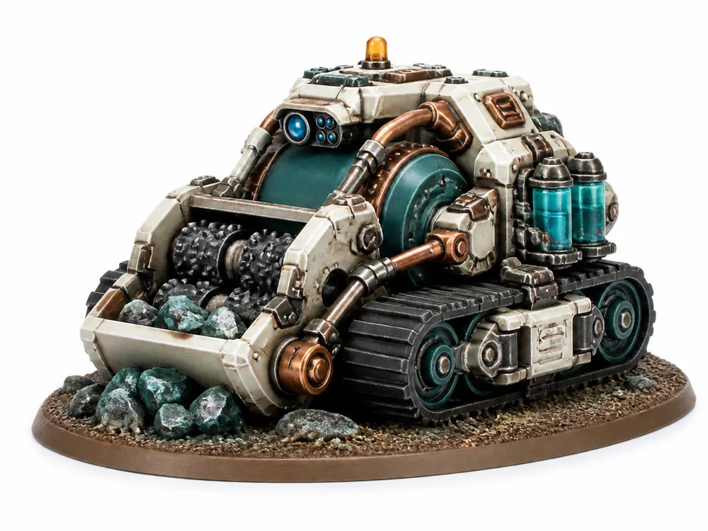 Escenografía en miniatura: Grimdark Space dwarf Mining Mineral Collector. Referencia del modelo original.