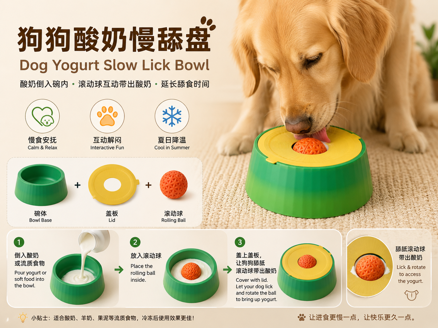 狗狗酸奶慢食碗Dog Yogurt Slow Lick Bowl慢食互动宠物碗｜滚动球舔食解闷喂食器