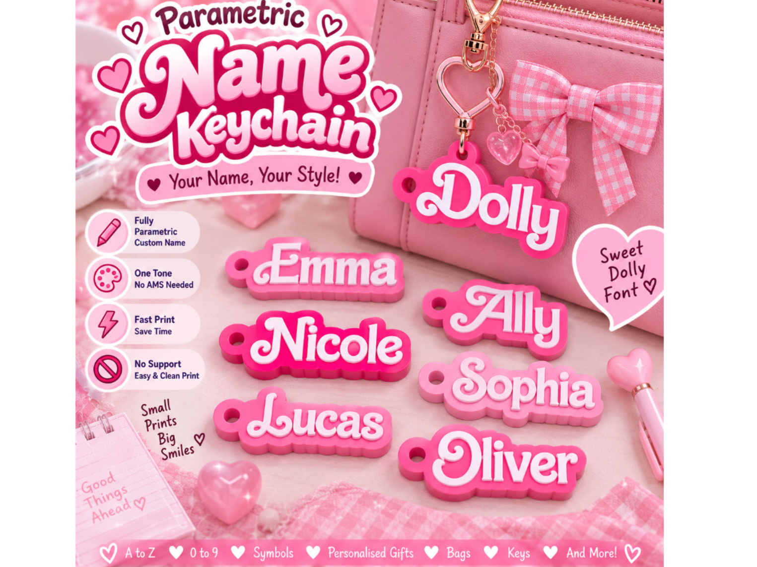 Parametric Sweet Dolly Pink Name Keychain - 1