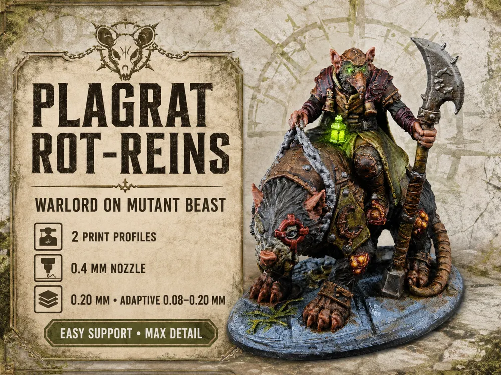 Soporte: Plagrat Rot-Reins – Rat Warlord on Mutant Beast. Referencia del modelo original.